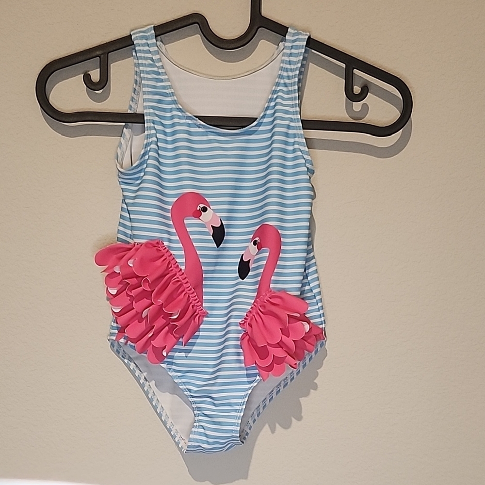 Kids Blue Stripe One-Piece Swimsuit with Pink Flamingo Ruffles